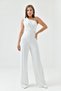Women's White Evening Dress Jumpsuit with Stone Straps, Padded Chest, Sashes on the Back, Wide Leg 1454 - 5