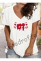 Women's V-Neck White Printed Oversize Boyfriend Casual T-Shirt