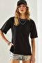 Women's Black Side Slit Cuff Fold Detailed Crew Neck Short Sleeve Basic T-Shirt 60251203