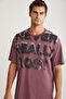 Luther Men's Crew Neck 100% Cotton Washed Purple T-shirt with Print Detail