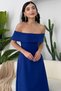 Women's Cobalt Blue Atlas Fabric Madonna Collar Flared Midi Dress 222 - 7
