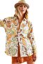 Women's Light Orange Floral Long Sleeve Linen Oversize Shirt with Buttons - 2