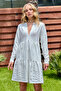 White V-Neck Lined Layered Flounce Scallop Dress Alc-X12363 - 2