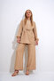 Women's Beige Crew Neck Self-Belted Palazzo Trousers Tunic Set Alc-X12299