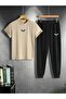Kanat Kırmızı - Printed Top and Bottom Tracksuit Set Oversize Crew Neck