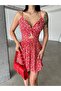 Women's Red Chest Detailed Thin Strap Above Knee Summer Mini Dress