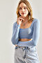 Women's Ice Blue Long Sleeve Square Neck Crop Blouse 60251250 - 4