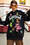 Women's Teddy Bear Patterned 3 Thread Rose Gold Hooded Oversize Loose Hoodie Black Sweatshirt - 4