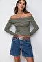 Long Sleeve Striped Off-the-Shoulder - Fabric Fitted T-shirt