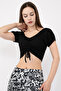 Women's Black Gathered Front Balloon Sleeve Crop Blouse