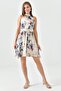 Beige Satin Evening Dress - Round Neck, Flared Cut, Printed 2438 - 7
