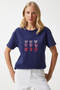 Women's Cobalt Blue Heart Embroidery Cotton T-Shirt Mp00026