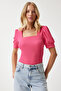 Women's Dark Pink Square Neck Balloon Sleeve Knitted Blouse Dd01051 - 3
