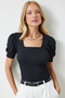 Women's Black Square Collar Balloon Sleeve Knitted Blouse DD01051 - 2