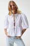 Women's White Bow Balloon Sleeve Cotton Poplin Blouse Ul00022