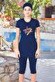 Dark Navy Blue Short Sleeve Pool Swimsuit with Knee-Length Leggings - Waiter Size