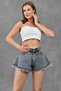 Anthracite Tasseled High Waist Lycra-Free Flared Wide Cut Denim Shorts 70361
