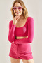 Women's Fuchsia Long Sleeve Square Neck Crop Blouse 60251250 - 5