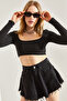 Women's Black Long Sleeve Square Neck Crop Blouse 60251250 - 6