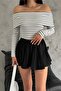Women's Black Striped Madonna Collar Combed Cotton Blouse