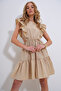 Women's Beige Boat Neck Low-Cut Waist Side Flounces Poplin Dress Alc-X8503 - 3