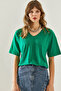 Women's Emerald Green V-Neck Short Sleeve Basic T-Shirt 60251204 - 3