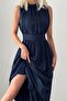 Navy Blue Lined Chiffon Fabric High Neck Backless Design Sleeveless Maxi Dress 099 - 4