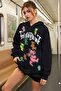 Women's Teddy Bear Patterned 3 Thread Rose Gold Hooded Oversize Loose Hoodie Black Sweatshirt - 5