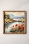 Wooden Framed, Watercolor Effect Lake, Poppies, Mountain, Tiny Hut Landscape Painting, Watercolor