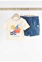 100% Cotton Cream Boat Print Short Sleeve Tshirt Denim Shorts Bottom Top Set