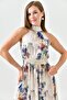 Beige Satin Evening Dress - Round Neck, Flared Cut, Printed 2438 - 2