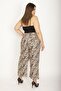 Women's Large Size Brown Lycra Gabardine Fabric Wide Leg Patterned Ankle Length Trousers 65n26184 - 3