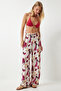 Women's Cream Plum Patterned Draped Viscose Palazzo Trousers EN00606 - 2