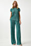 Women's Vibrant Green Pleated Casual Blouse Pants Suit Mc00283