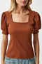 Dark Tan Balloon Sleeve Knitted Blouse - Square Collar, DD01051 - 3