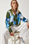 Women's Blue Green Print Oversize Satin Shirt Sv00012