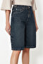 Koyu Mavi Bel Detaylı Yüksek Bel Denim Bermuda TWOSS24SR00173 - 5