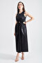 Women's Black Low-cut Bright Fabric Textured Midi Dress - 4
