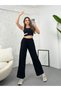 High Waist, Elastic Waist, Pocketed Flamed Linen Wide Leg Summer Black Trousers