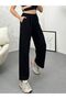 High Waist, Elastic Waist, Pocketed Flamed Linen Wide Leg Summer Black Trousers - 3