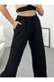 High Waist, Elastic Waist, Pocketed Flamed Linen Wide Leg Summer Black Trousers - 2