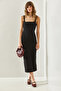 Women's Black Square Collar Strapped Combed Cotton Midi Length Basic Dress 60251239 - 4