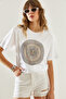 Women's White Crew Neck Basic Combed Cotton T-Shirt with Stone Detail 60251238 - 3