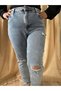 Blue Snow Wash Mom Fit Ripped Detailed Jean Trousers