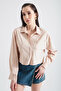 Women's Beige Single Pocket Crop Shirt