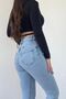 Stretch Fabric Light Snow Blue Front Slit Flared High Waist Pants - 3
