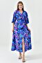 Batwing Sleeve Elastic Waist Front Slit Midi Length Double Breasted Collar Floral Summer Blue Dress 3154 - 6