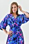 Batwing Sleeve Elastic Waist Front Slit Midi Length Double Breasted Collar Floral Summer Blue Dress 3154 - 5