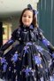 Girl's dress purple pleated with sheer sleeves and ruffled collar with floral pattern - 2