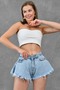 Light Blue Tasseled High Waist Lycra-Free Flared Wide Cut Denim Shorts 70355 - 4